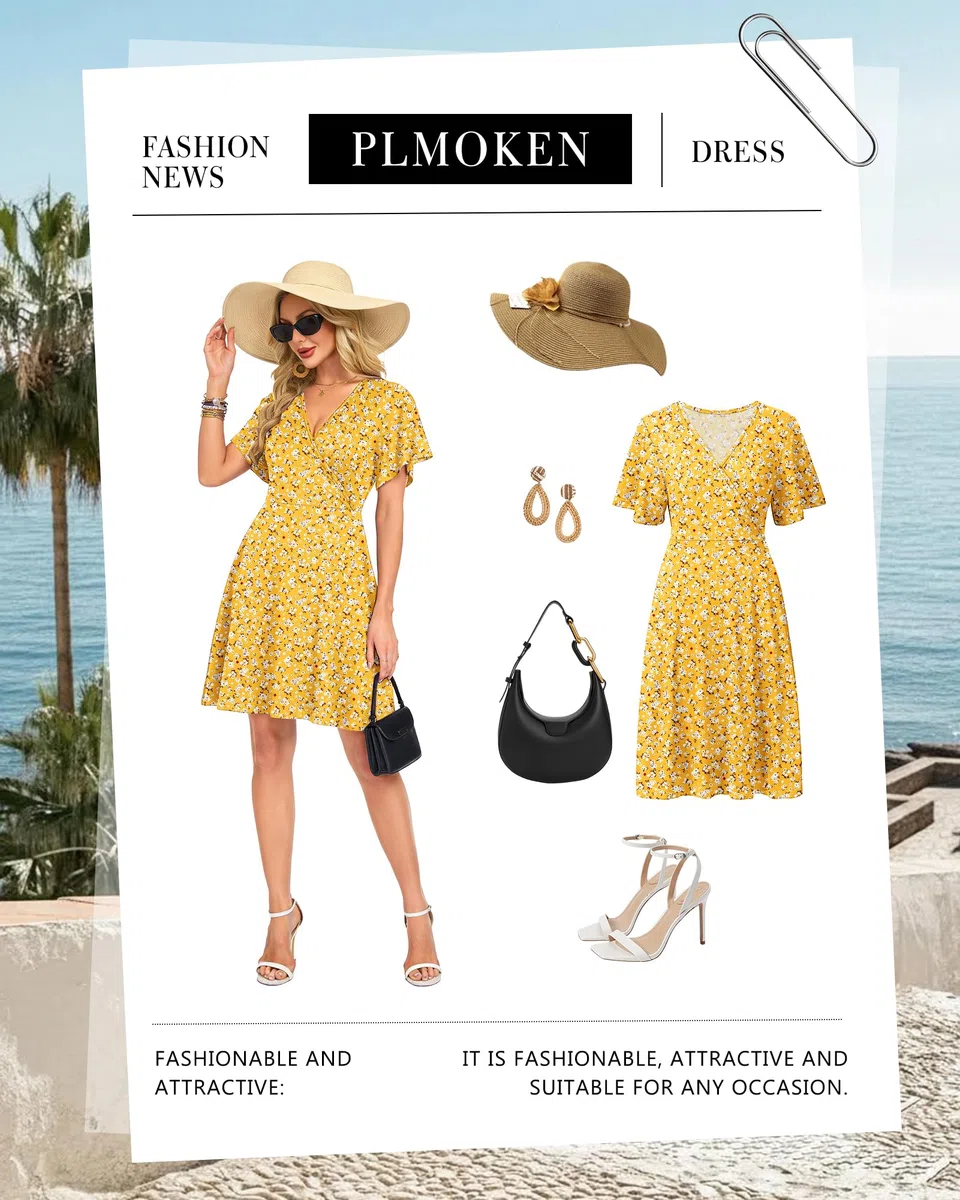 PLMOKEN Sommerkleid Damen Kurz Wickel Kleid Damen Sommer Empire Taille Kurzarm Strandkleid Luftig Fließendes Kleid mit V Ausschnitt Blume und Taschen