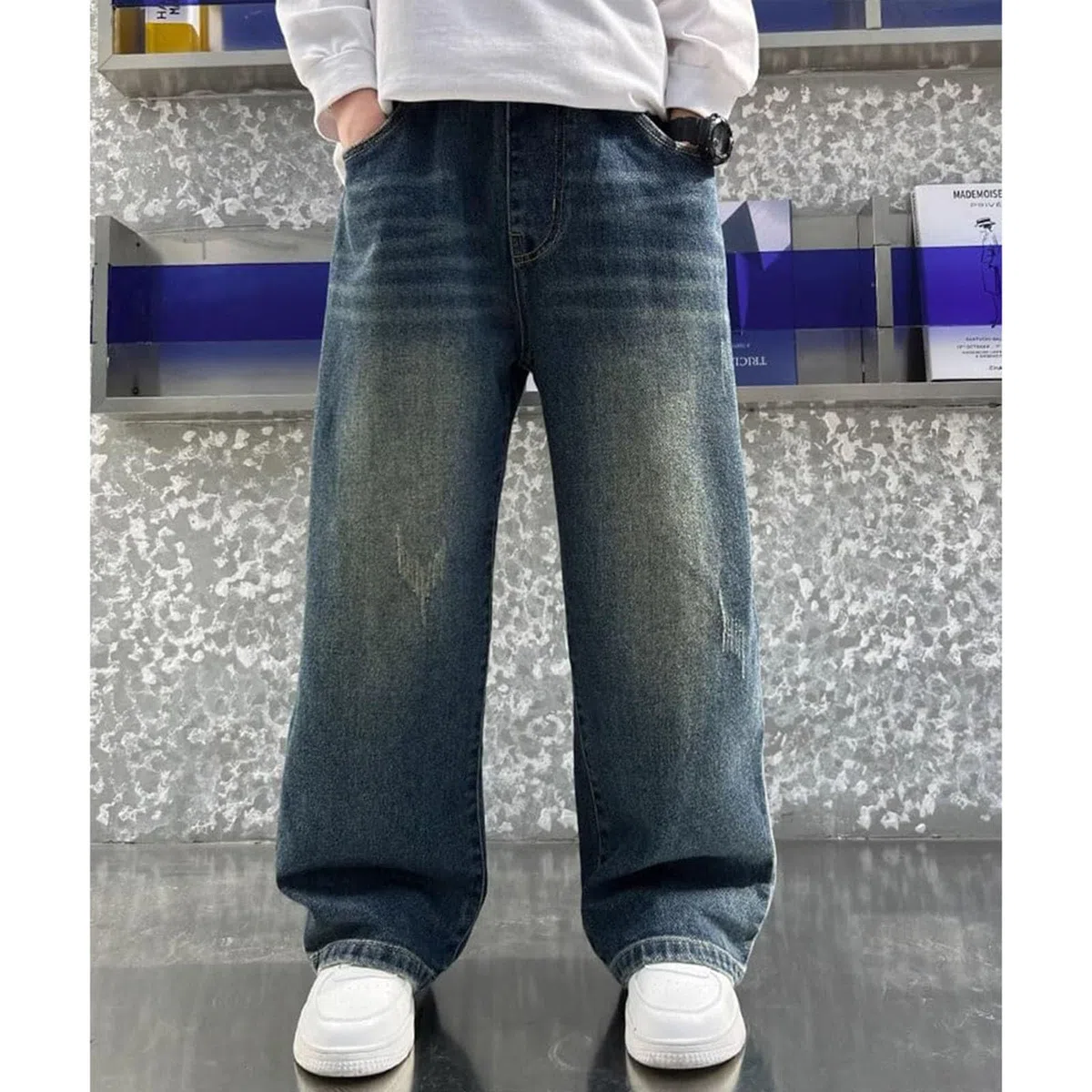 Generisch Jungen Jeanshose, Jungen Straight Leg Jeanshose Denim Hosen mit Elastischem Streetwear mit Taschen Cargohose Baggy Jeans Jungs 158 Denim Hose Streetwear Kette FüR Hose Jungs
