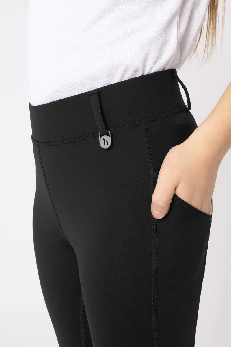HORZE Kinder Reitleggings DEA, Reithose Mädchen, Gürtelschlaufen, Vollbesatz, Handytasche, Schwarz, 134/140