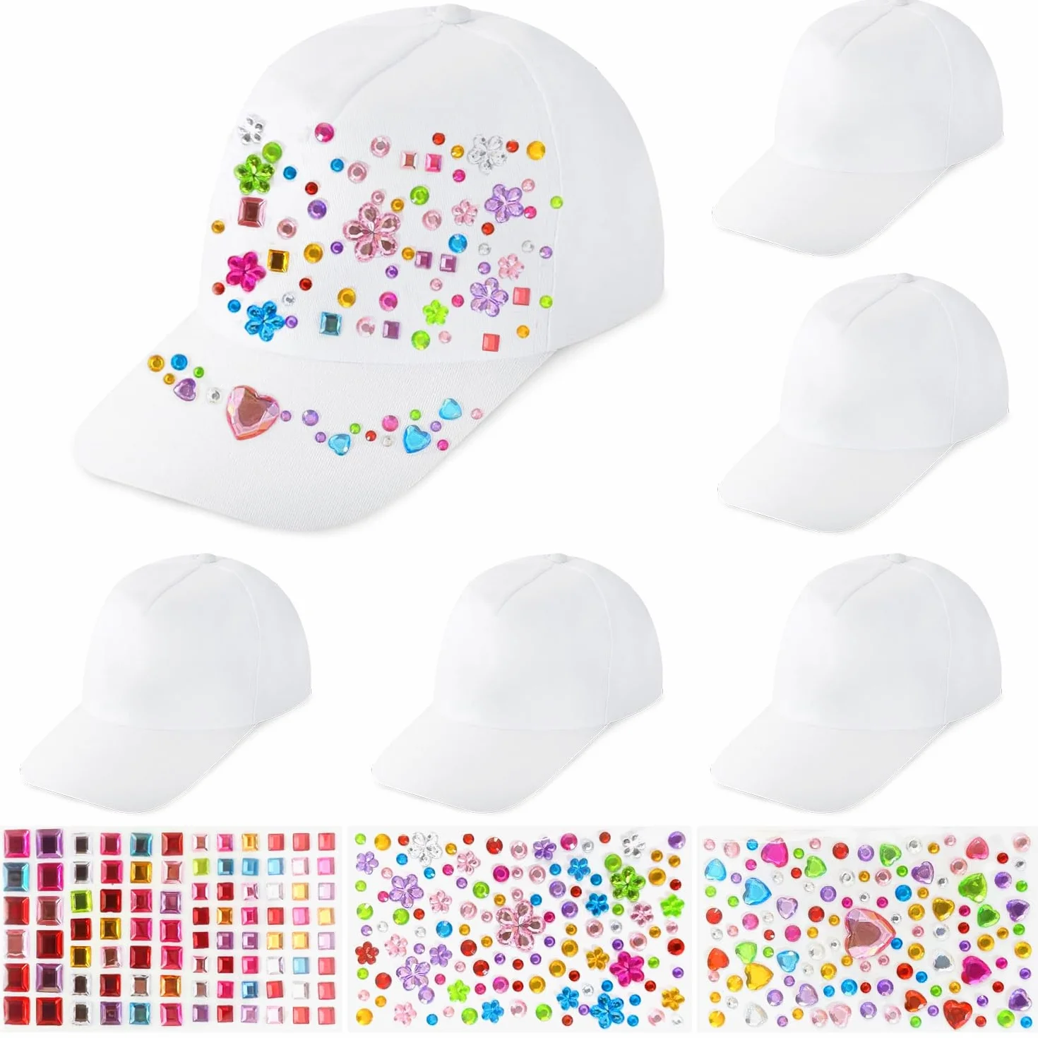 Voarge 6 Stück Kinder Kappen zum Bemalen,DIY Baseballkappe,Baseballcap Anstrich Hut Mütze Kinder Baseballmütze mit 3 Pcs Edelstein Aufklebern