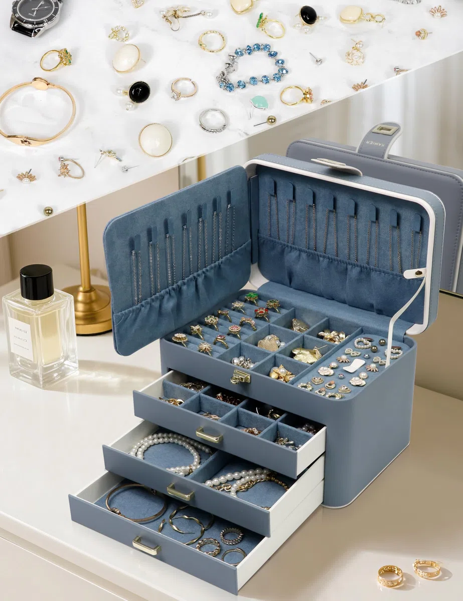 KAMIER Schmuckkästchen für Damen, Große Schmuckschatulle mit 4 Ebenen, Schmuckbox mit Spiegel und Schloss,Schmuckaufbewahrung für Ringe, Ohrringe, Halsketten, Armbänder, Geschenkidee für Mädchen