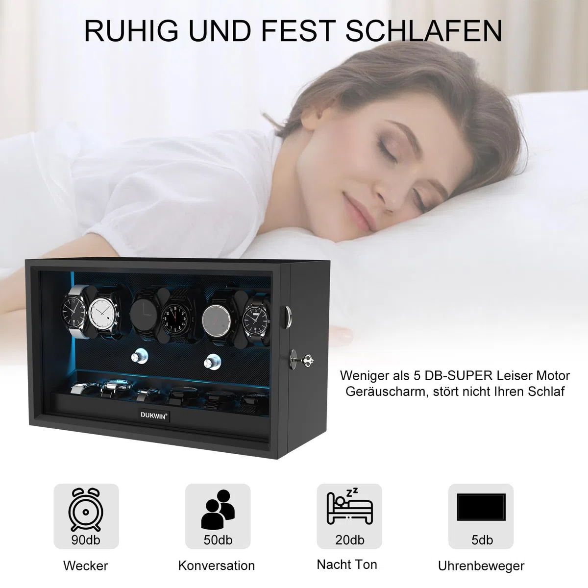 XTELARY Uhrenbeweger für 4/6/8/12 Automatikuhren, Abschließbarer Automatikbeweger mit 4 Rotationsmodi,Extra Uhrenfächern, Flexible Uhrenkissen, Leiser Mabuchi Motor und Blaue Hintergrundbeleuchtung