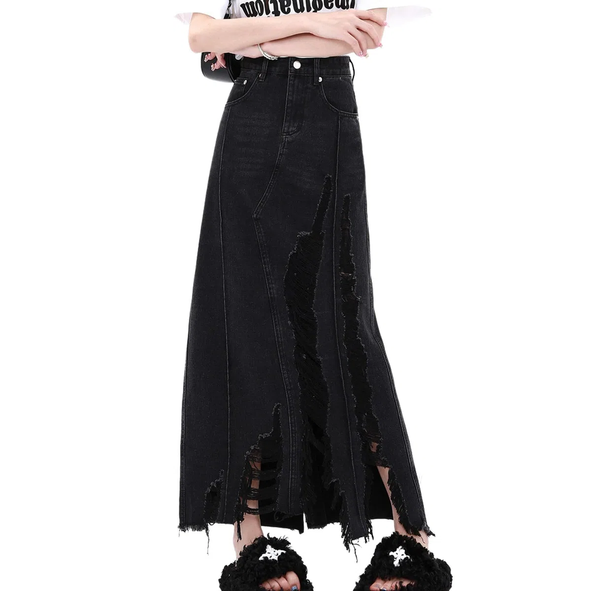 Geteilter schwarzer Rock mit hoher Taille für Damen, Herbst, figurbetont, Lange Röcke für Damen, modisch, 2023, zerrissener Denim-Rock, Y2K Streetwear, Schwarz, S