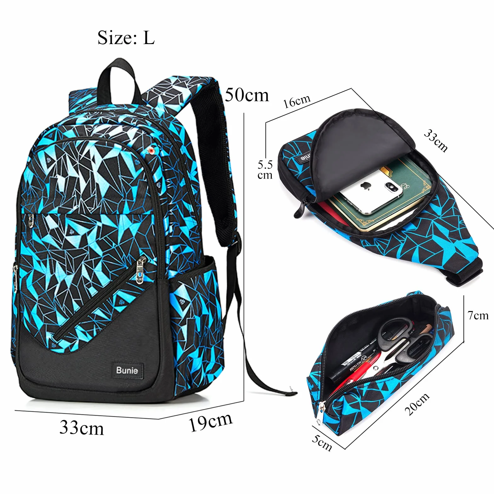 bunie Rucksack für Jungen Große Büchertasche wasserdichte Schultasche Federmäppchen Umhängetasche Set für Grundschule Mittelschule Gymnasium
