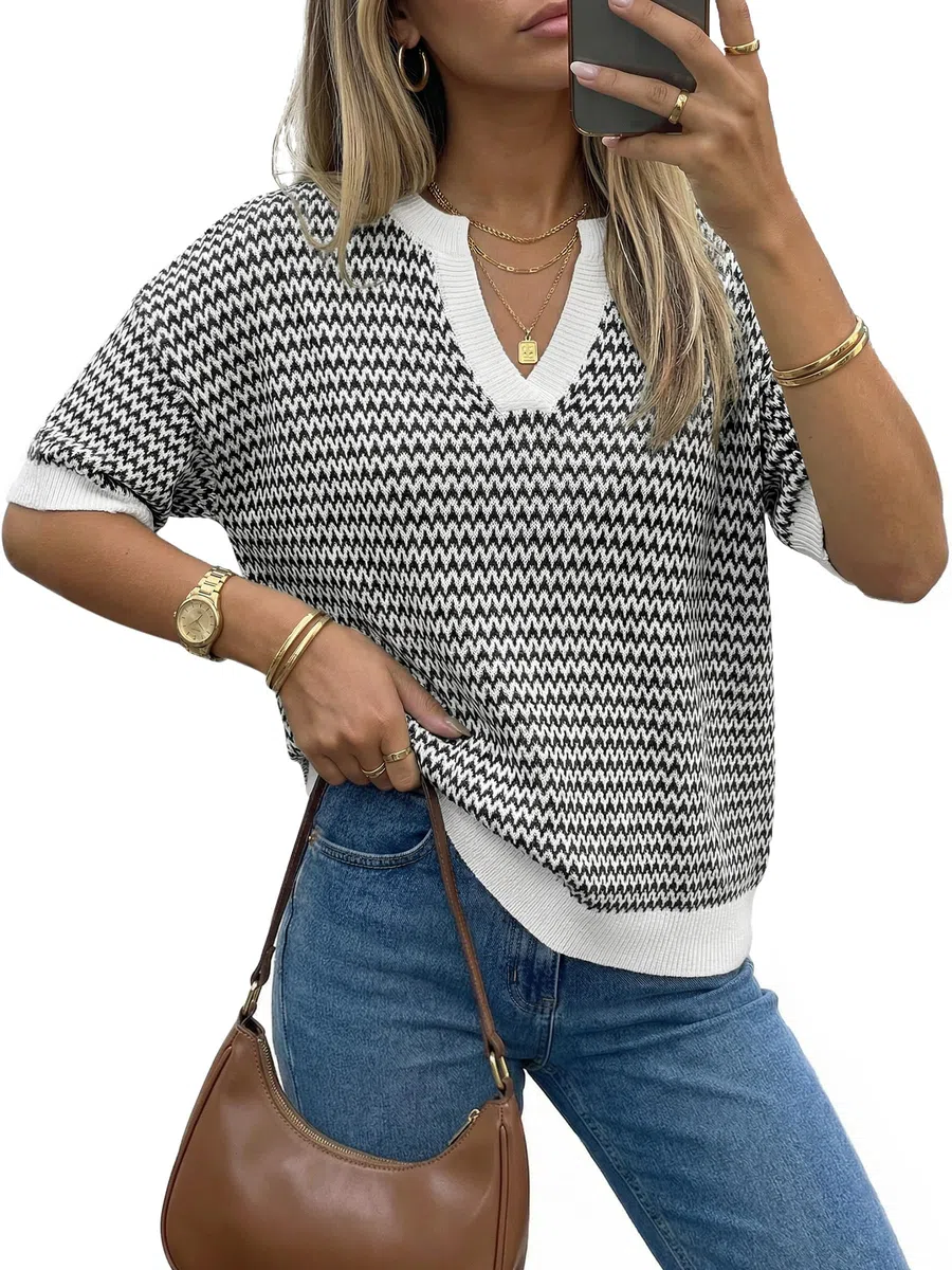 Arach&Cloz Pullover Damen Baumwolle Sommer Kurzarm Strickpullover Polo V-Ausschnitt Oberteile Tops