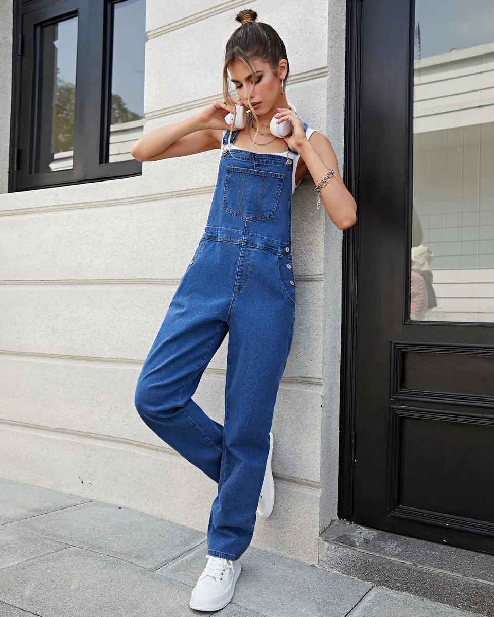 Roskiky Lässige Stretch Denim Latzhose für Damen, Jeans Overalls mit Taschen