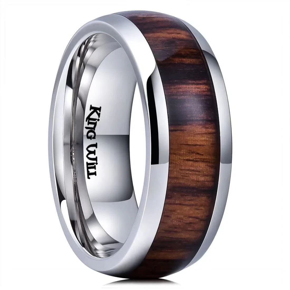 King Will 8mm silberner Titanring mit Holzeinlage - Innenloch, Ehering für Männer, hochglanzpolierte, abgeschrägte Kanten, komfortable Passform