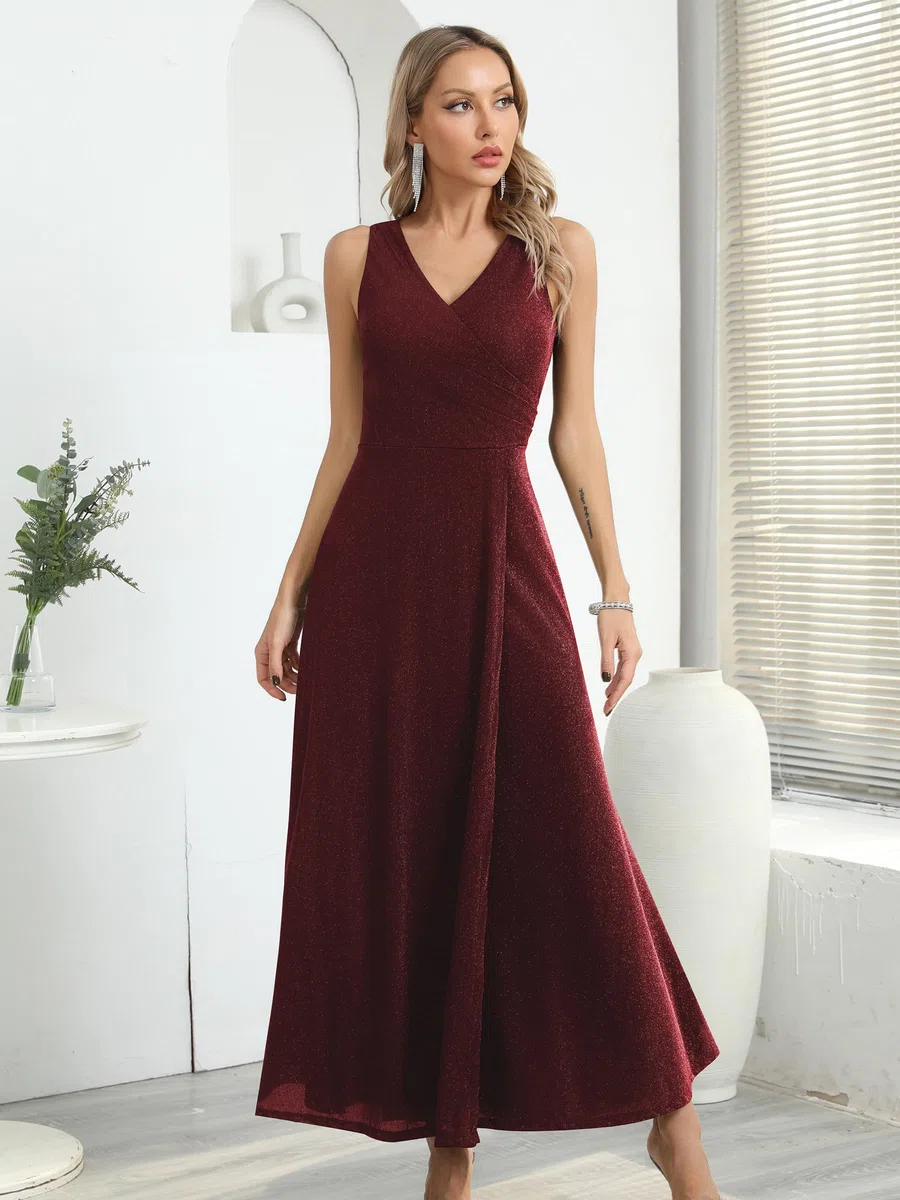 Missufe Damen Elegant Wickelkleid Abendkleid Cocktailkleid Ballkleid Maxikleid Lang Hochzeit Festlich V-Ausschnitt Kleider mit Schlitz