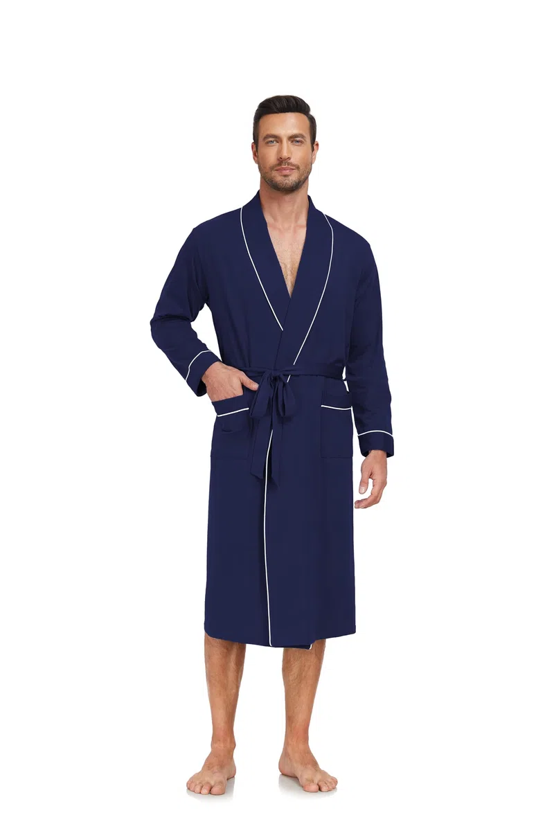 EA'S SECRET Herren Bademantel 100% Baumwolle Leichter Strick-Spa-Bademantel für Sommer Langes Schlafgewand mit Taschen klassischem Schalkragen