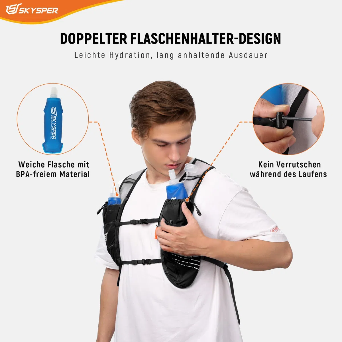 SKYSPER Laufweste für Damen Herren, 12L Laufrucksack Trinkweste Laufen mit 2 Trinkflaschen 500ml Running Vest für Joggen Marathon Trailrunning