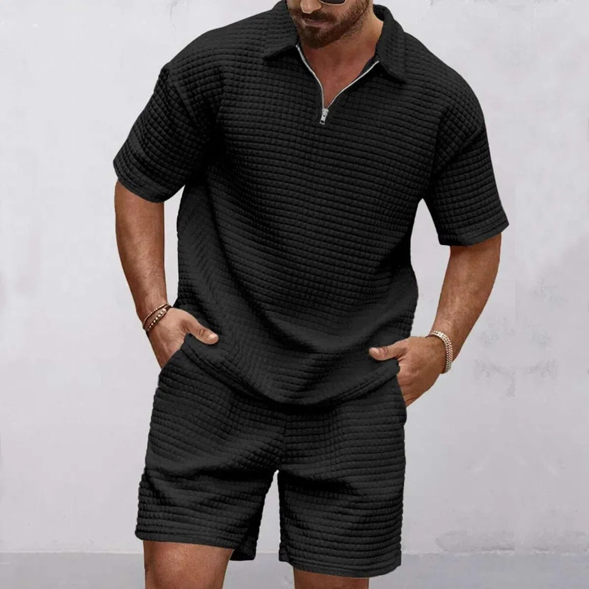 Generisch Herren Poloshirt mit Taschen Große Größen Bequem Waffel-Struktur Texturiert Atmungsaktiv Sommer Freizeit Anzug Herren Set 2-Teiler Bekleidung Neu
