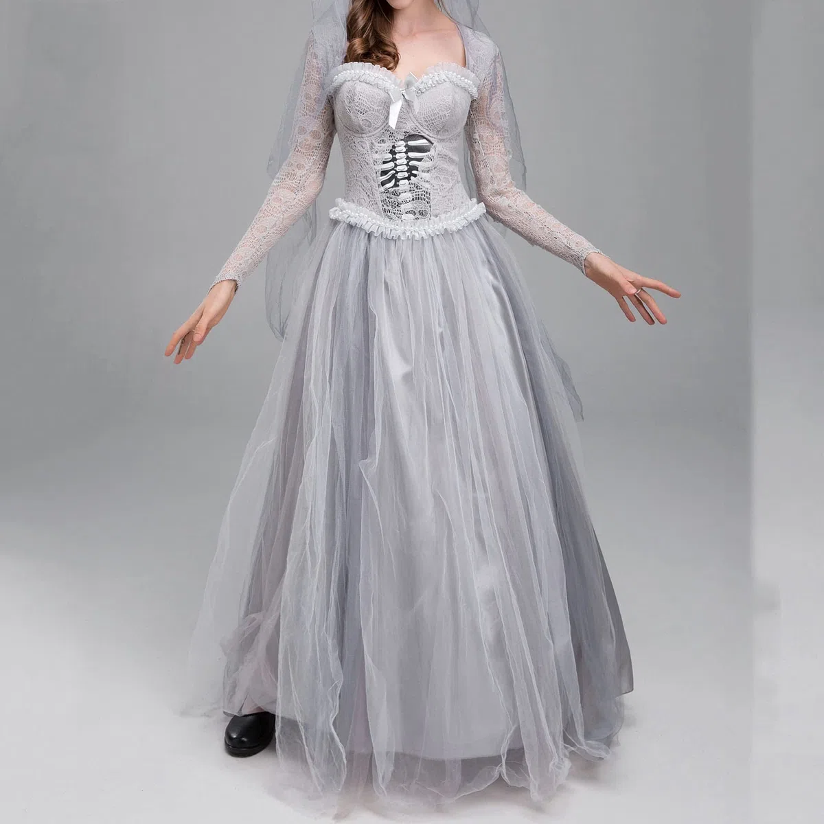 Generisch Halloween Kostüm Damen Vintage Schön Frauen Langarm Lace O Neck 2pices Set Cosplay Retro Kleid Great Maxi Vintage für Cosplay Kleid mit Schal Bekleidung für Cosplay Bühne Performance Party