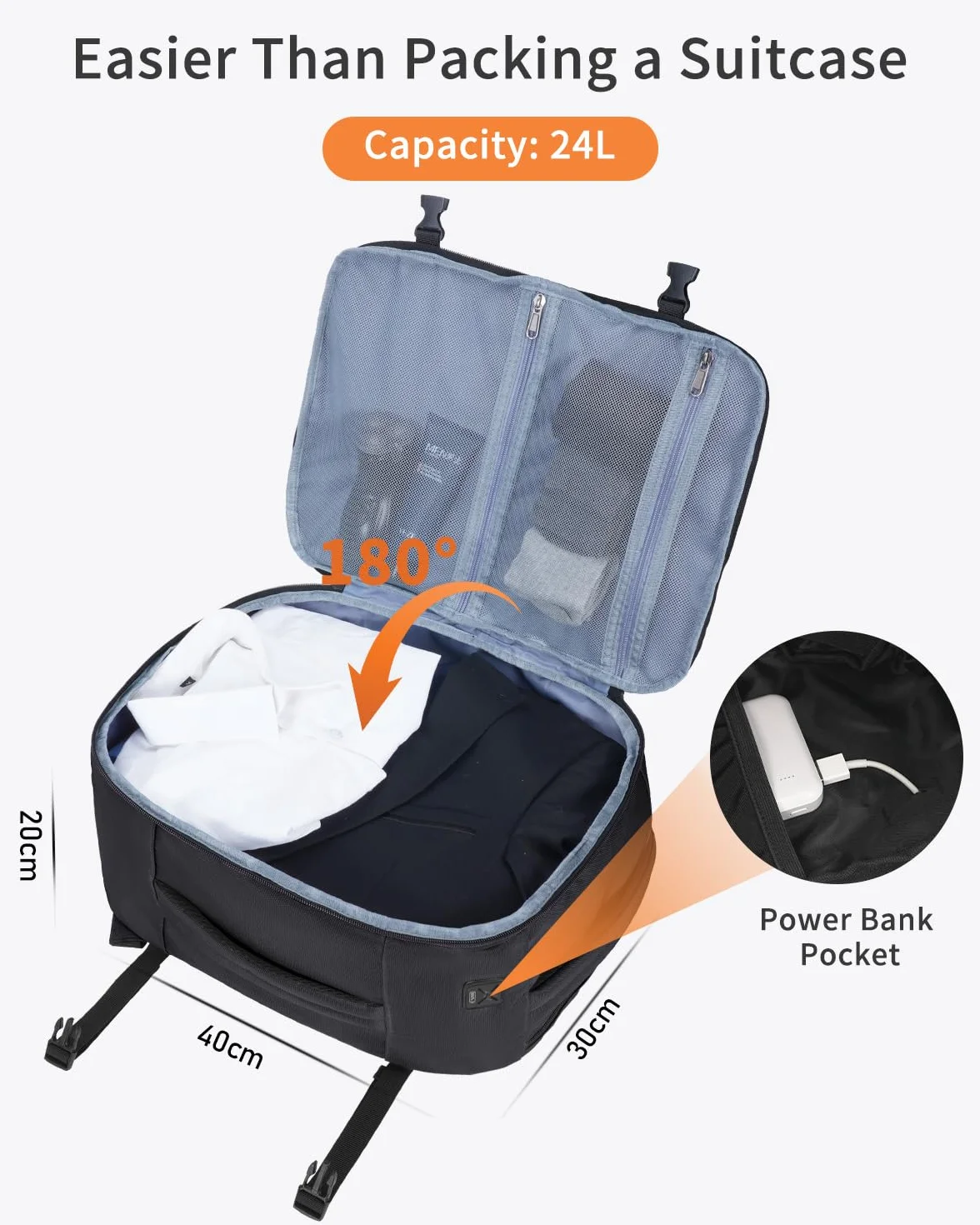ECOHUB Handgepäck Rucksack Unter-Sitz, Ryanair Easyjet Personal Item Rucksack mit 13 Taschen, Leichter Reiserucksack aus Recyceltem PET für Flugreisen, Damen Herren, 40x30x20 cm 24L(Schwarz)