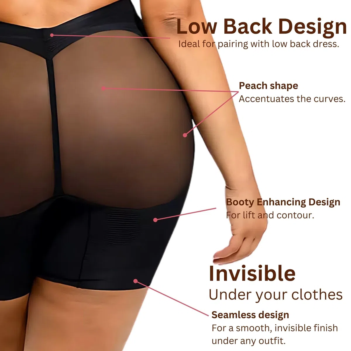 ISCBAFYX Low-Back-Shapewear-Shorts – Bauchkontrolle, Taillenmieder, Po-Lift, nahtlos und leicht – für tief Ausgeschnittene Kleider.