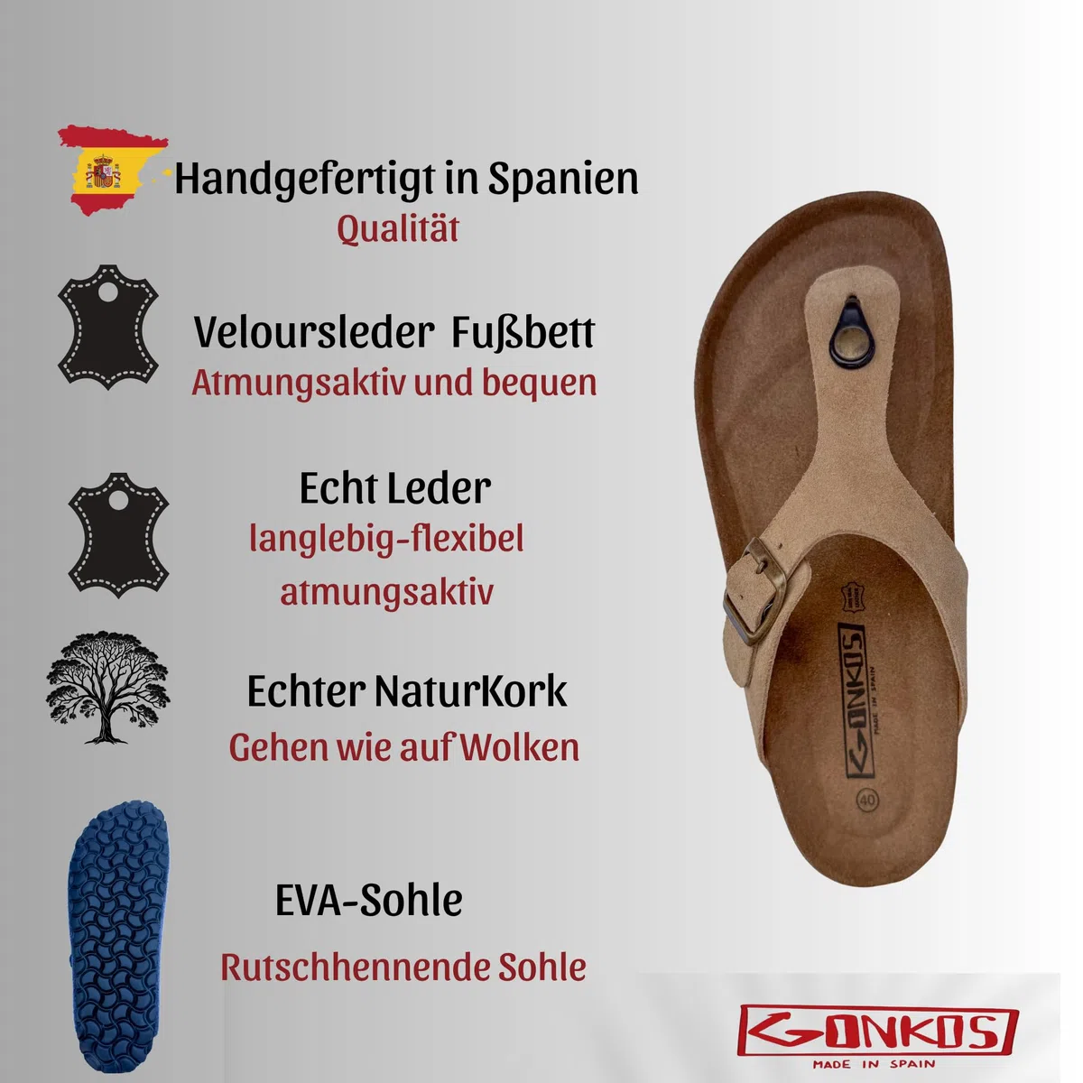 Ledersandalen, Zehentrenner, anatomische Kork-Innensohle, Echtes Leder, Naturkork, Verstellbare Schnalle, Unisex-Zehensandalen, rutschfeste EVA-Sohle, Qualitätssandale Made in Spain