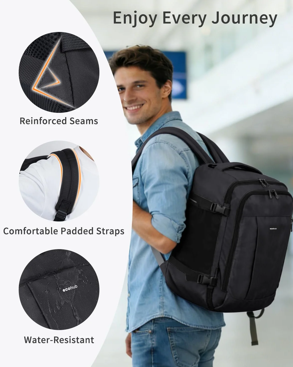 ECOHUB Handgepäck Rucksack Unter-Sitz, Ryanair Easyjet Personal Item Rucksack mit 13 Taschen, Leichter Reiserucksack aus Recyceltem PET für Flugreisen, Damen Herren, 40x30x20 cm 24L(Schwarz)