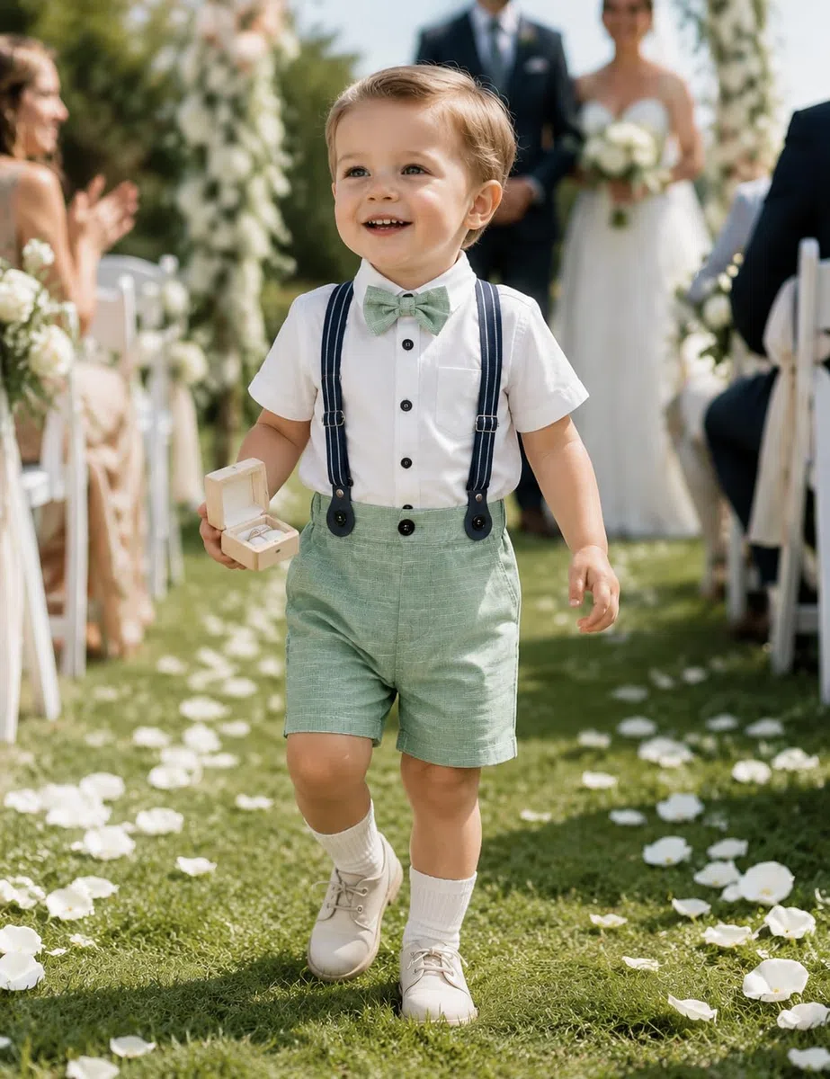 mintgreen Baby Jungen Anzüge, Neugeborenes Hemd Hose Taufe Gentleman Outfit Kurzarm Passen mit Strap, 1–4 Jahre