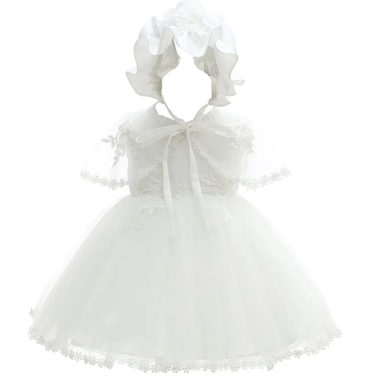 Baby Mädchen Weiß Taufkleid mit Haube Neugeborenen Taufe Kleid Spitzenkleid für Hochzeit Geburtstag