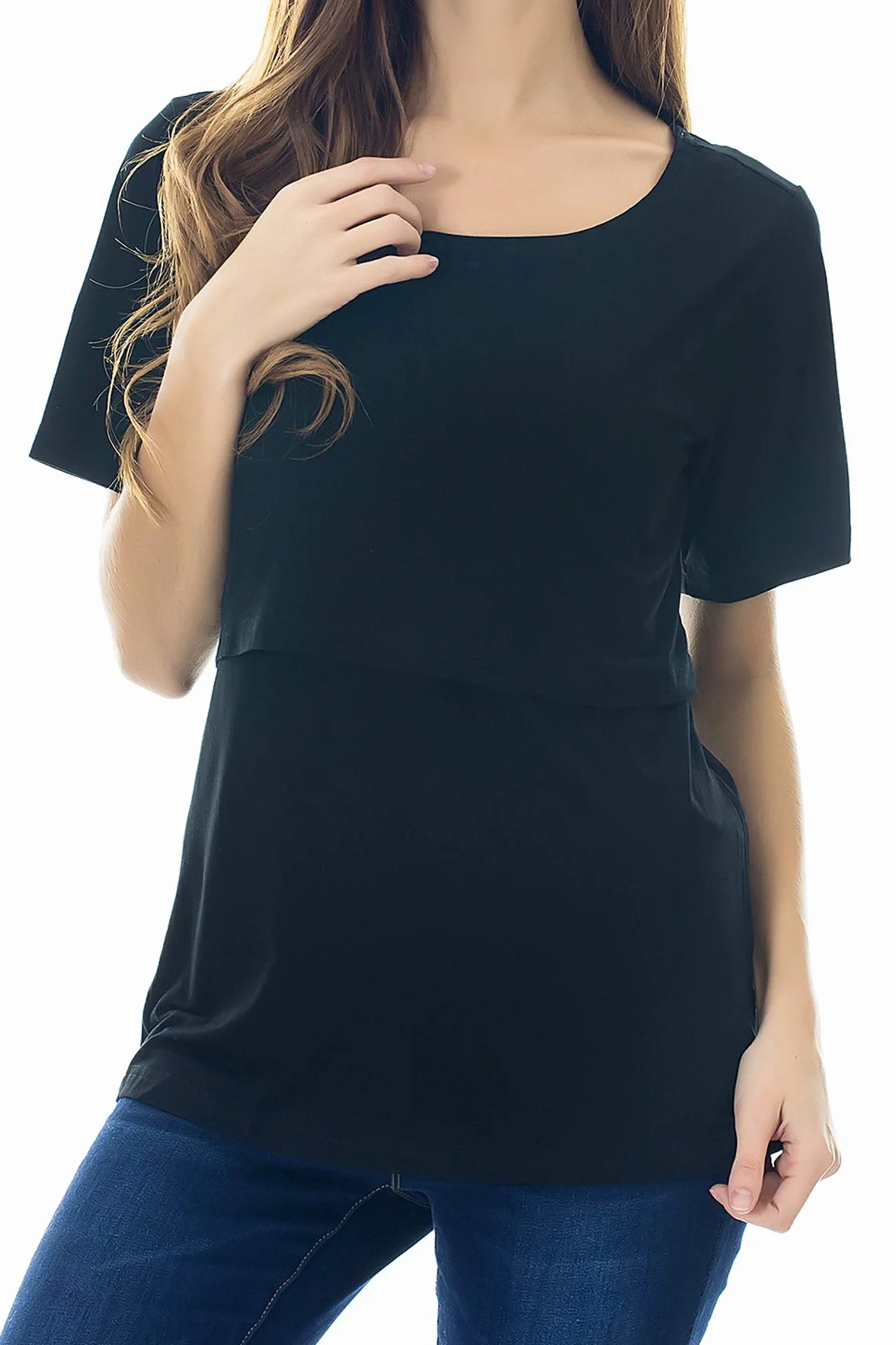 Smallshow Stillshirt Umstandstop T-Shirt Überlagertes Design Umstandsshirt Schwangerschaft Kleidung Mutterschafts Kurzarm Shirt