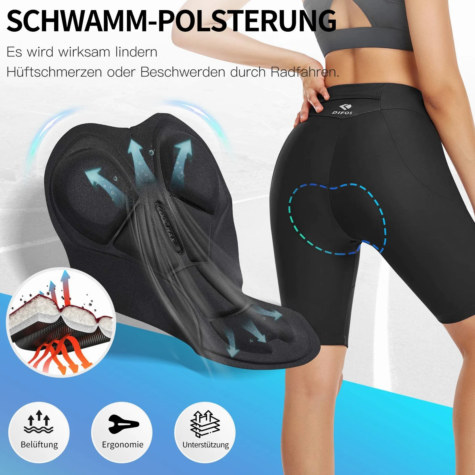 Radlerhose Damen Gepolstert High-Waist Fahrradhose Kurz mit 4D Sitzpolster Radhose Schnell Trocknende Gesäßtasche