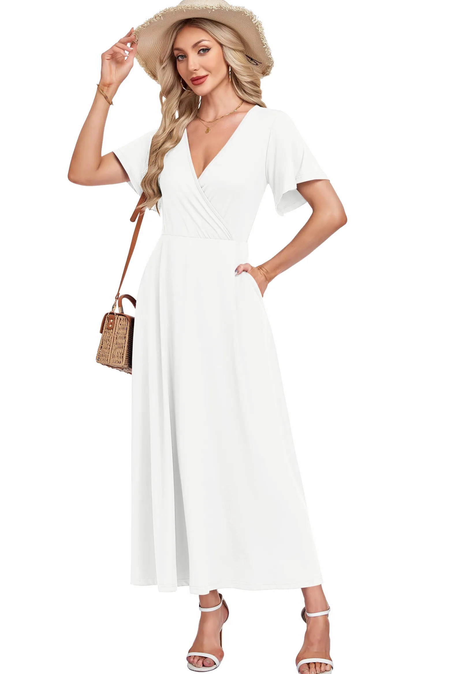 AUSELILY Maxikleider Damen Sommer Kleid Lässig Hohe Taille Lockere Passform Mit Taschen