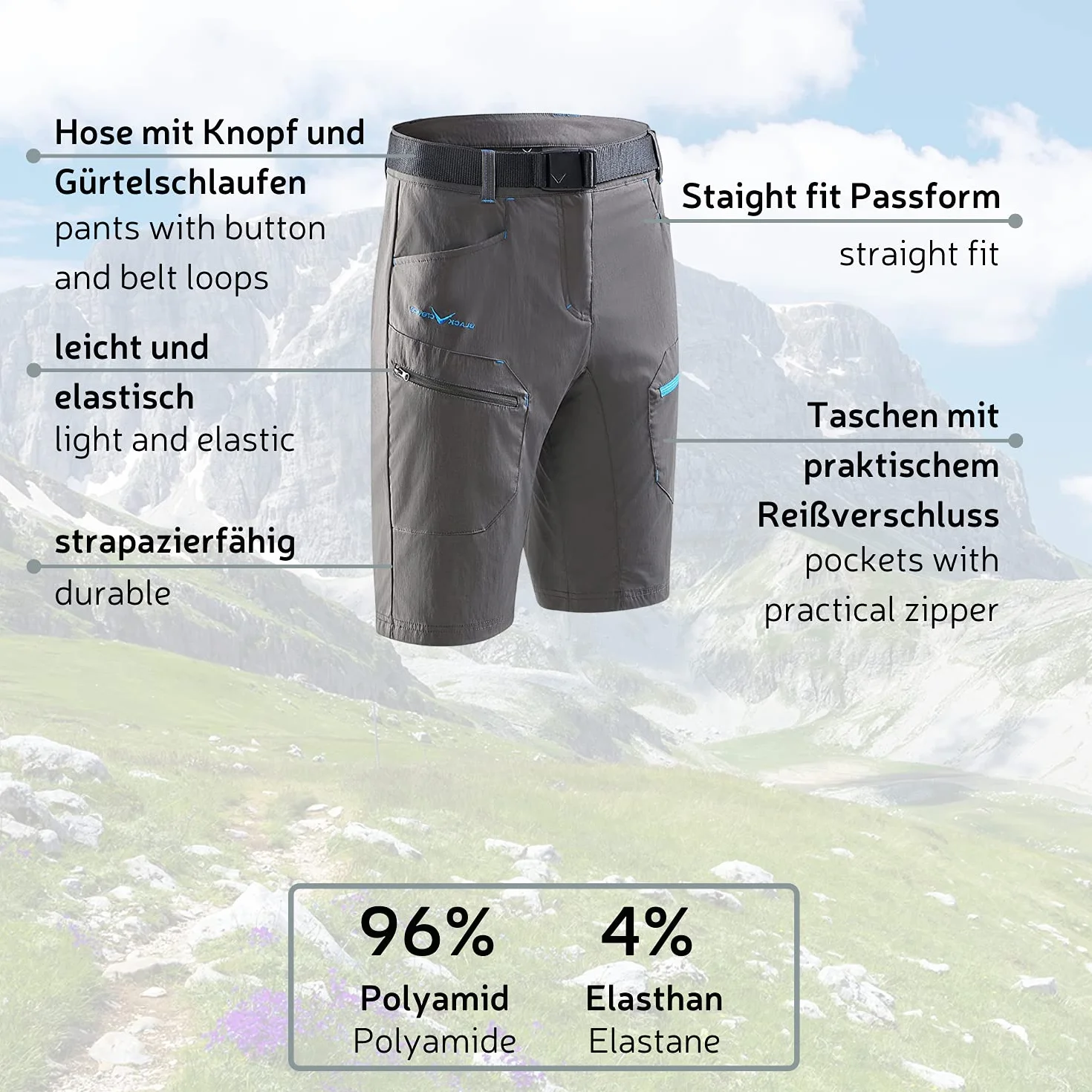 Black Crevice Trekking-Shorts Herren I Trekkinghose Herren kurz I Herren Outdoor-Shorts I wasserabweisend & schnelltrocknend I strapazierfähige & atmungsaktive Wander-Shorts mit Taschen