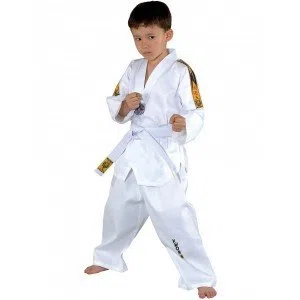 KWON Taekwondo Anzug TIGER 130 | Kwon Clubline Taekwondo Tiger Anzug lange Ärmel, weit geschnittenes Bein V-förmigen Schlupfkragen inklusive weißem Gürtel