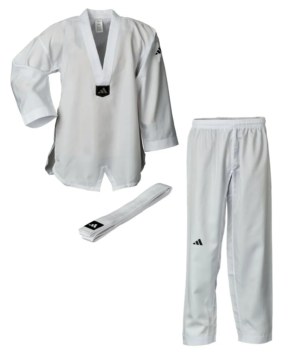 adidas Taekwondoanzug Beginner | Leichter Einsteiger Dobok für Kinder und Erwachsene | inklusive Gürtel | Revers Weiß | für Training und Kyorugi | für Körpergröße 100-190 cm