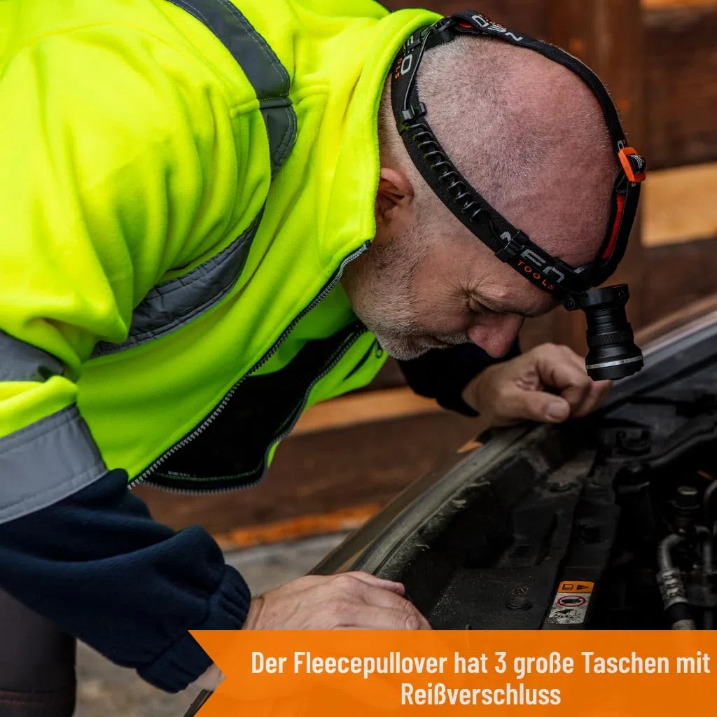 NEO TOOLS Herren Warnschutz Arbeitsjacke Warn Fleece Jacke (Gr. S - XXL) (Orange/Gelb) | oder Set mit Thermo wasserdichte Hose | Warme, Bequeme und Leichte Jacke