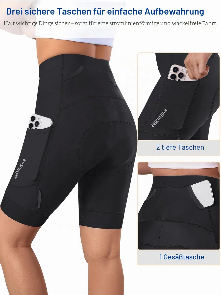 BERGRISAR Radlerhose Damen Gepolstert Fahrradhose Atmungsaktiv Elastische Rennrad Hose mit 3 Taschen