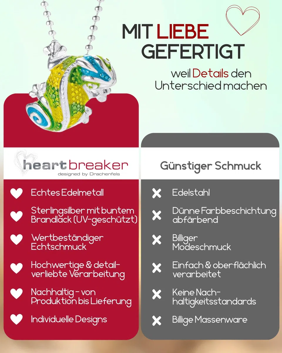 Heartbreaker Chamäleon Anhänger I Edler Kettenanhänger aus 925 Sterling Silber I Nickelfreier Silber-Anhänger mit Brandlack veredelt I In Goldschmiedequalität gefertigt I LD CH 31