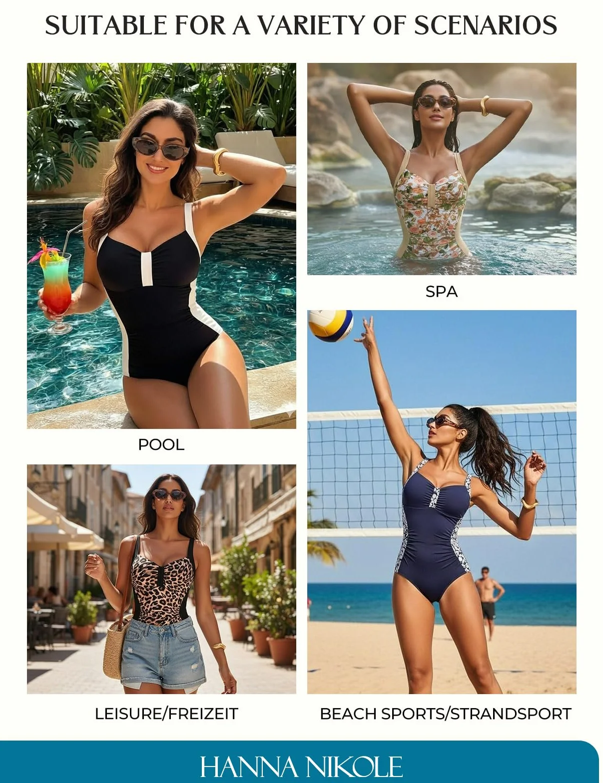 Hanna Nikole Badeanzug Damen Bauchweg V Ausschnitt Raffung Bademode Swimsuit Push Up Criss Cross Rückenfrei Monokini