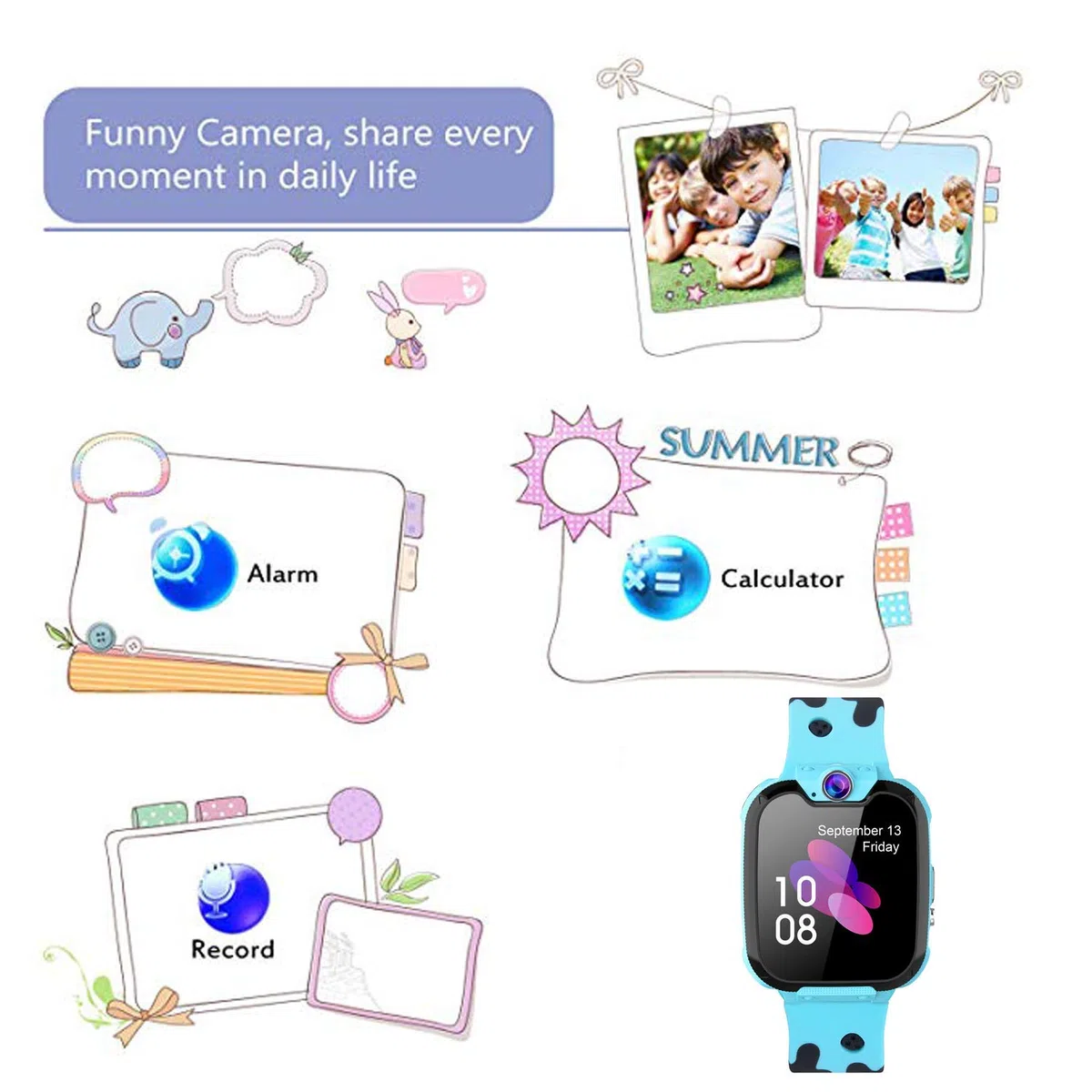 PTHTECHUS Kinder Smartwatch Telefon - Smartwatch Kinder Uhr Telefon Anruf Mit SOS Schrittzähler Videorecorder Taschenlampe MP3-Musik 7 Spiele Wecker, Geschenke für Mädchen von 6-10 Jahren, Blue