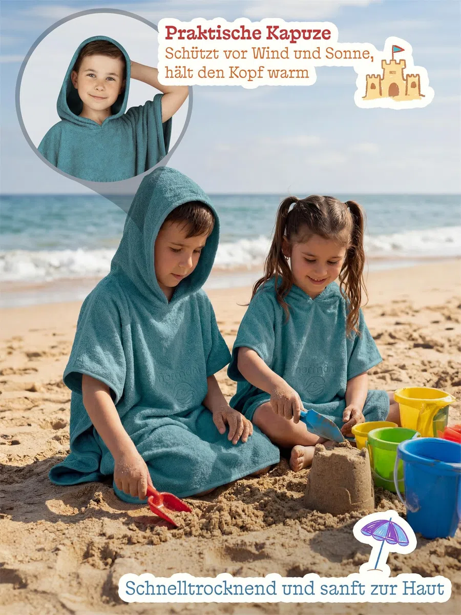 normani Kinder-Badeponcho Strandponcho - Handtuch-Poncho aus 100% natürlicher Bio-Baumwolle Handtuch Cape Badetuch mit Kapuze für Jungen und Mädchen 2-13 Jahre