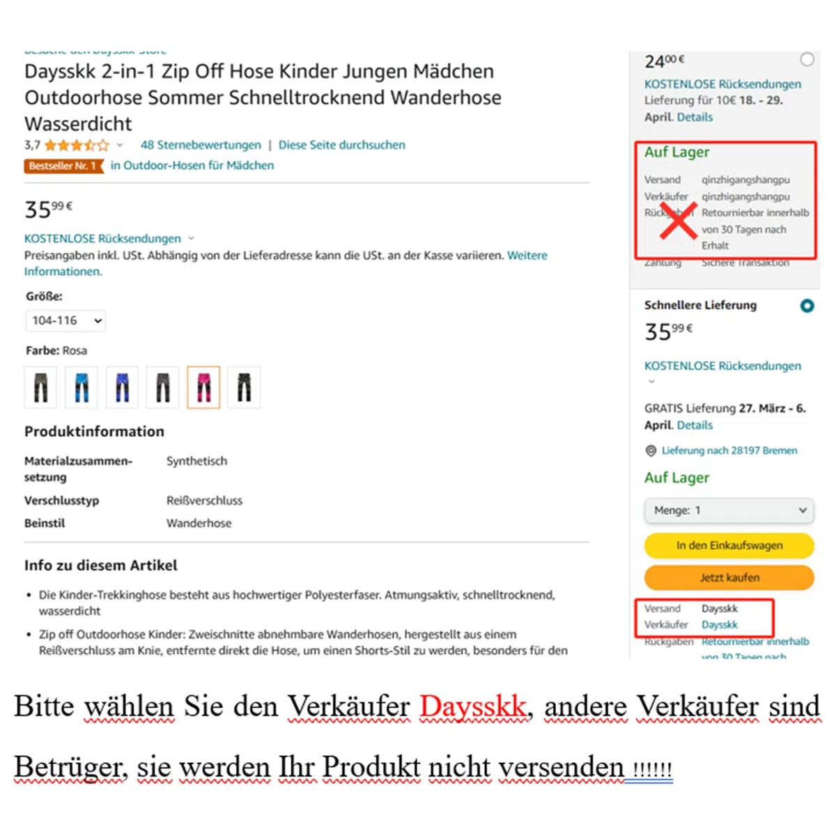Daysskk 2-in-1 Zip Off Hose Kinder Jungen Mädchen Outdoorhose Sommer Schnelltrocknend Wanderhose Wasserdicht