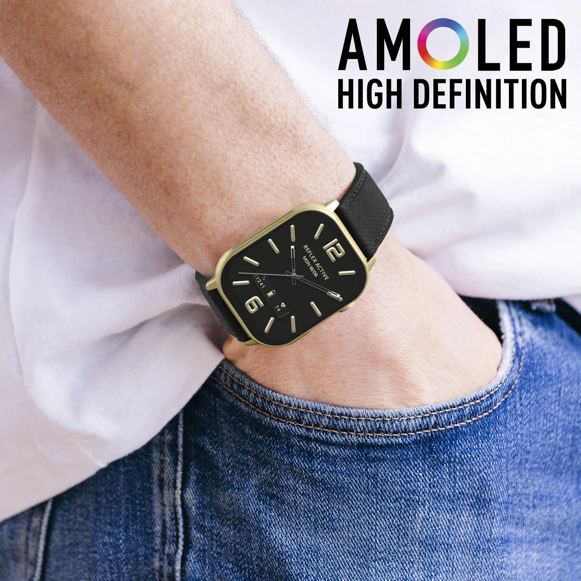 Reflex Active AMOLED Smartwatch Serie 29 mit 5,1 cm Touchscreen, Pulsmesser, Blutsauerstoff, IP68, Fitness-Tracking, schwarzes Armband für iOS + Android
