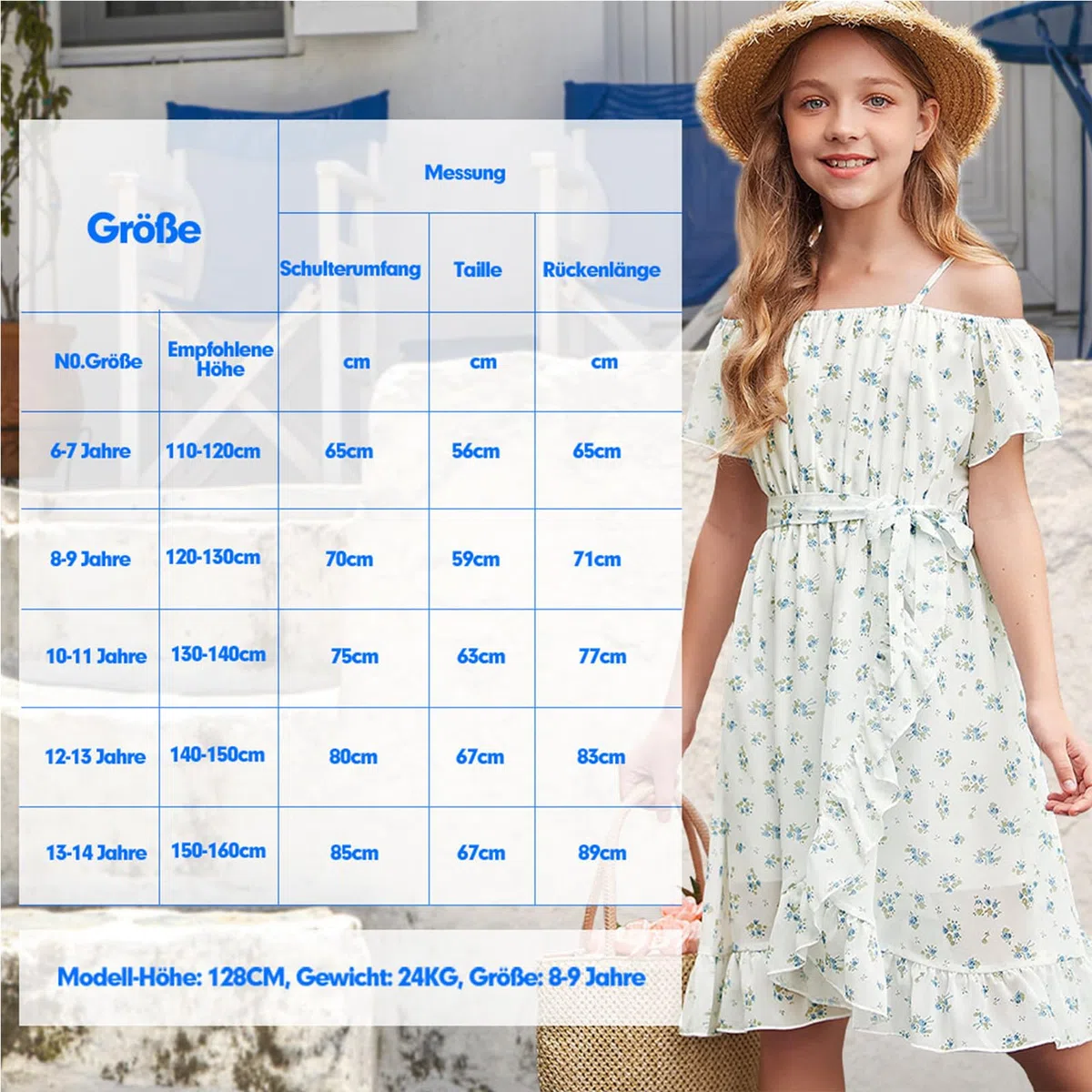 Lässig Kleider für Mädchen,Chiffon Blumenkleid Schulterfrei Sommerkleid mit Verstellbarem Riemen,Freizeit mit Rüschenärmel Ärmeln für Mädchen im Alter von 6 bis 14 Jahren