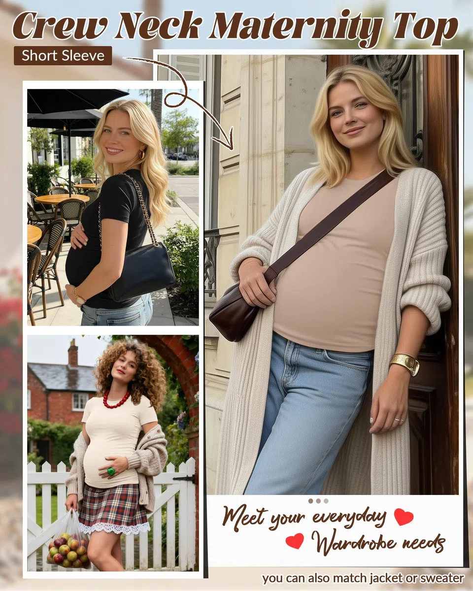 Geyoga 4er-Pack Damen-Schwangerschaftsshirts, Kurzarm, Rundhalsausschnitt, Schwangerschaftsoberteil mit Seitlichen Raffungen