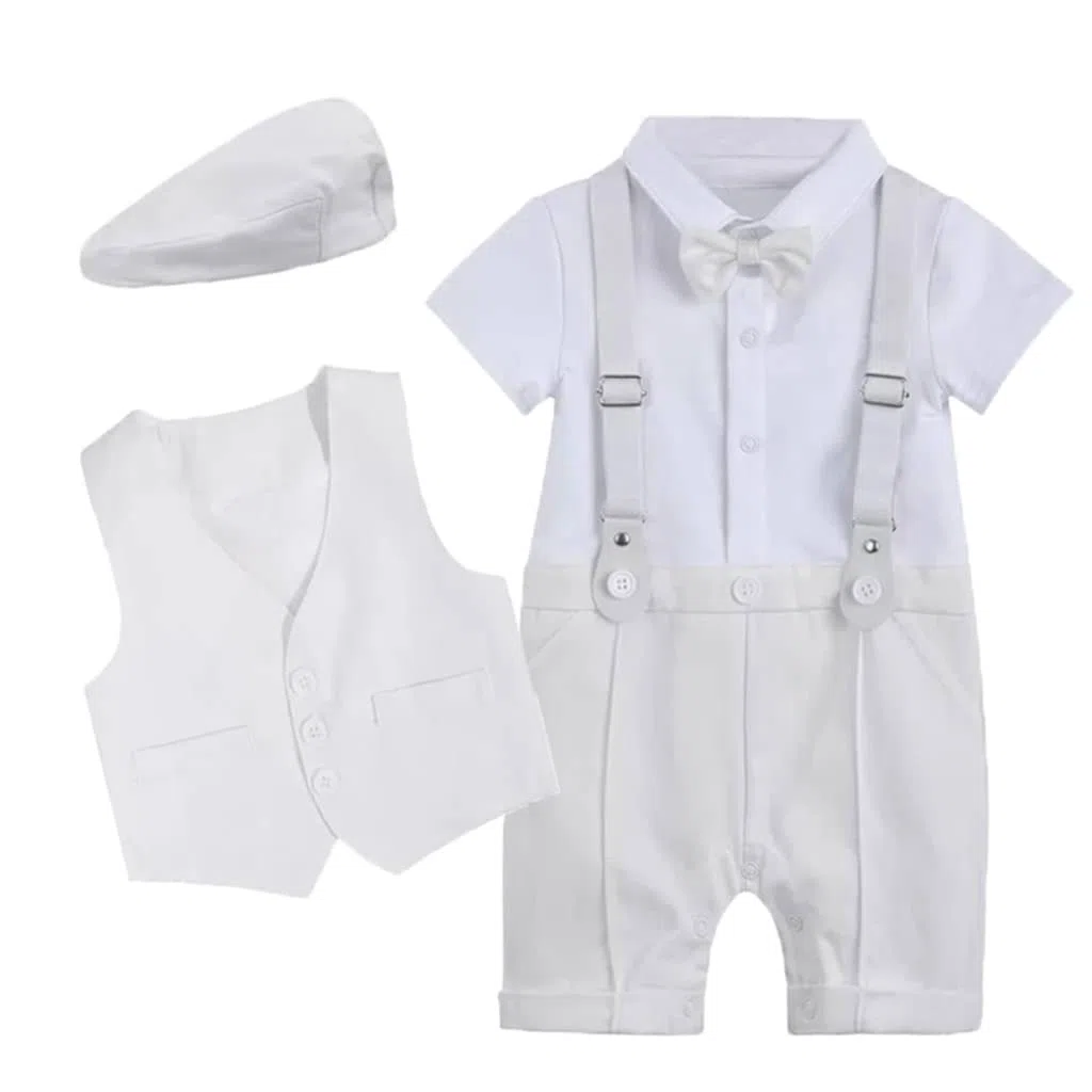 Baby Jungen Strampler Taufanzug Kleinkind Taufe Roben Kleidung Gentlemen Jumpsuits Overall Taufkleidung Baby Fliege Weste mit Hut Geburtstag Hochzeit Outfits Weiß 6-12 Monate