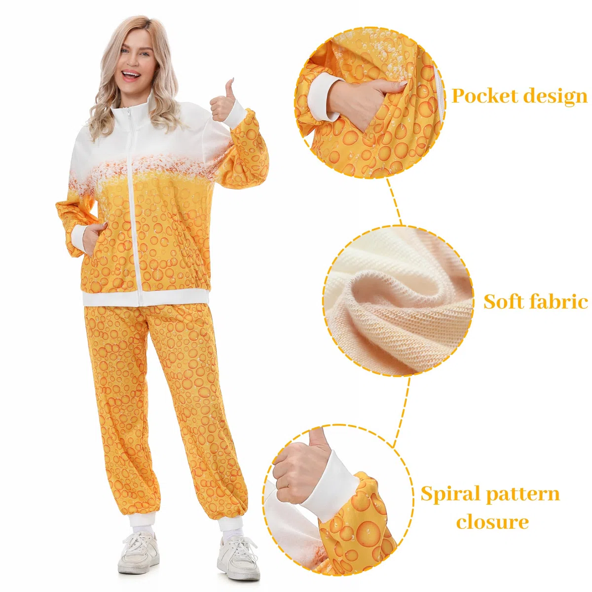 Bier Trainingsanzug Kostüm für Männer Frauen Retro 80er Jahre Outfit Bier Jogginganzug Karnevalskostüm