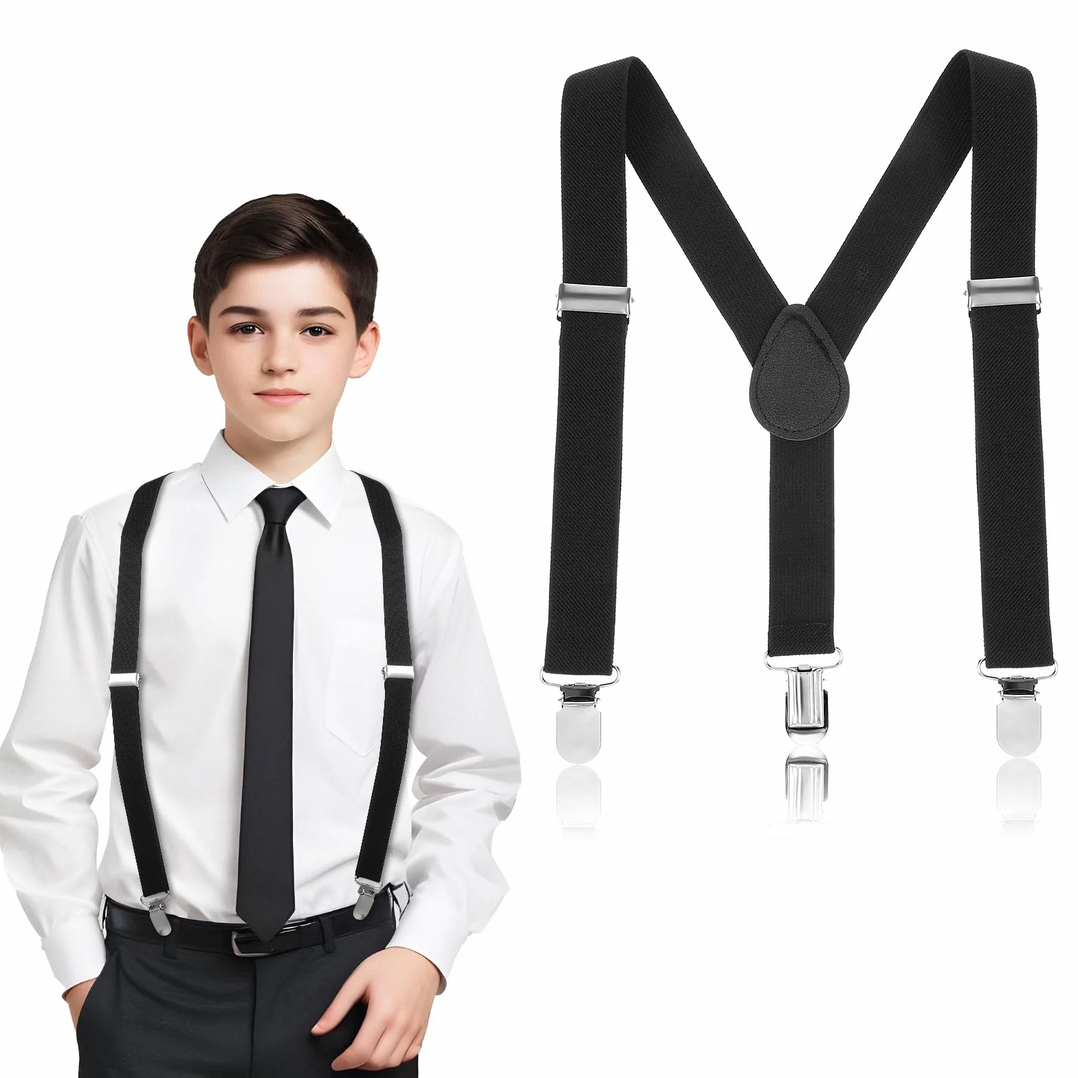 Mabor Hosenträger Kinder, Verstellbar 3 Clips Hosenträger Y Form Hosenträgers Elastische Suspenders Jungen Hosenträgers Schwarz für Kinder Jungen Mädchen
