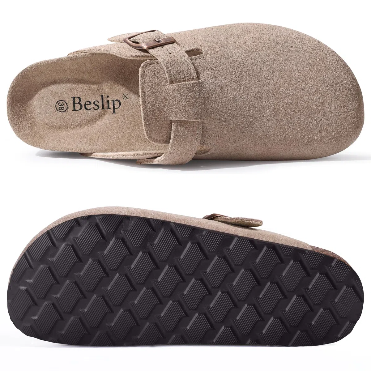 Beslip Wildleder Clog für Damen Weiches Kork Fußbett Leder Pantoletten Komfort Kartoffel Schuhe mit Arch Support, Frauen Größe