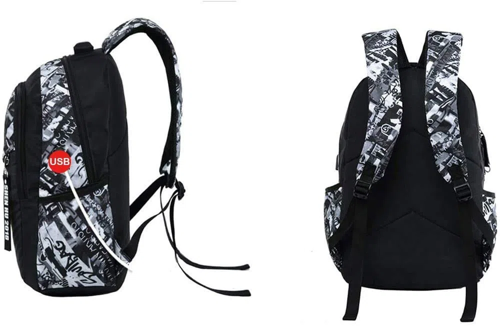 Asge 128-1 Oxford-gewebe Schulrucksack für Jungen Schulrucksack Druck Rucksack Jugendlichen Schultasche Outdoor Reflektierender Daypack, Grau, M