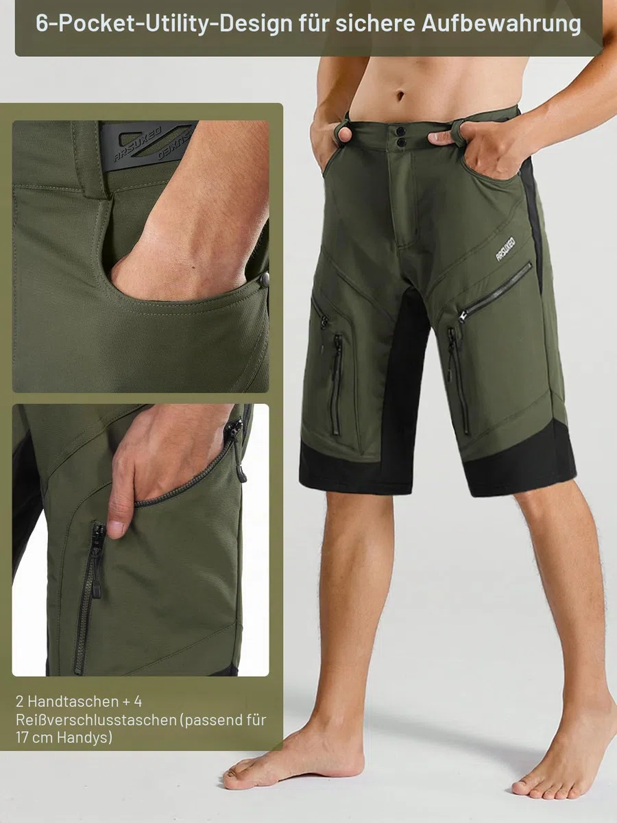 ARSUXEO Radhose Herren MTB Shorts Gepolstert Getrennte Unterhose Lose Fit Fahrradhose Wasserabweisend 1903 001D