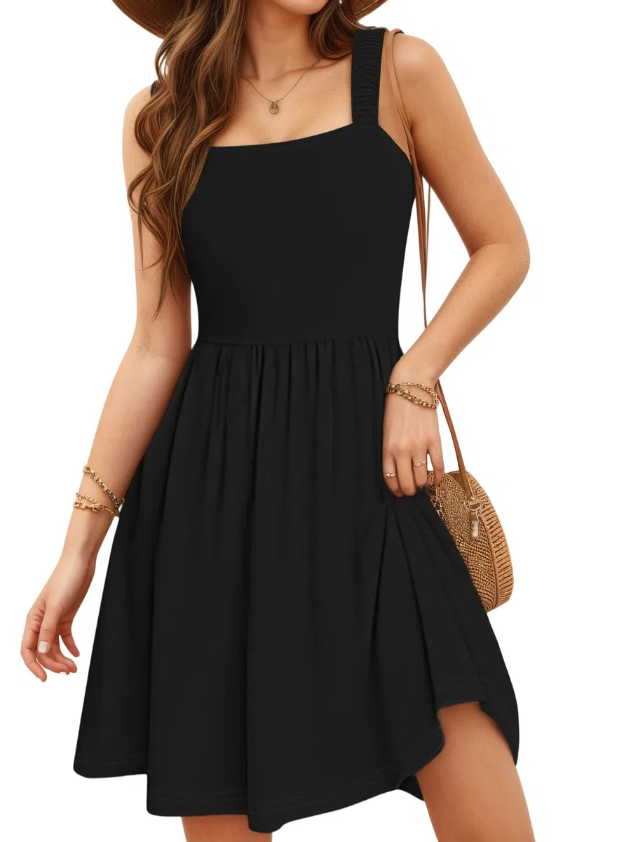 Oyamiki Sommerkleider Damen Knielang Ärmellos Blumen Hohe Taille A Linien mit Eckiger Ausschnitt Kleid Casual Strandkleider Floral Midikleid