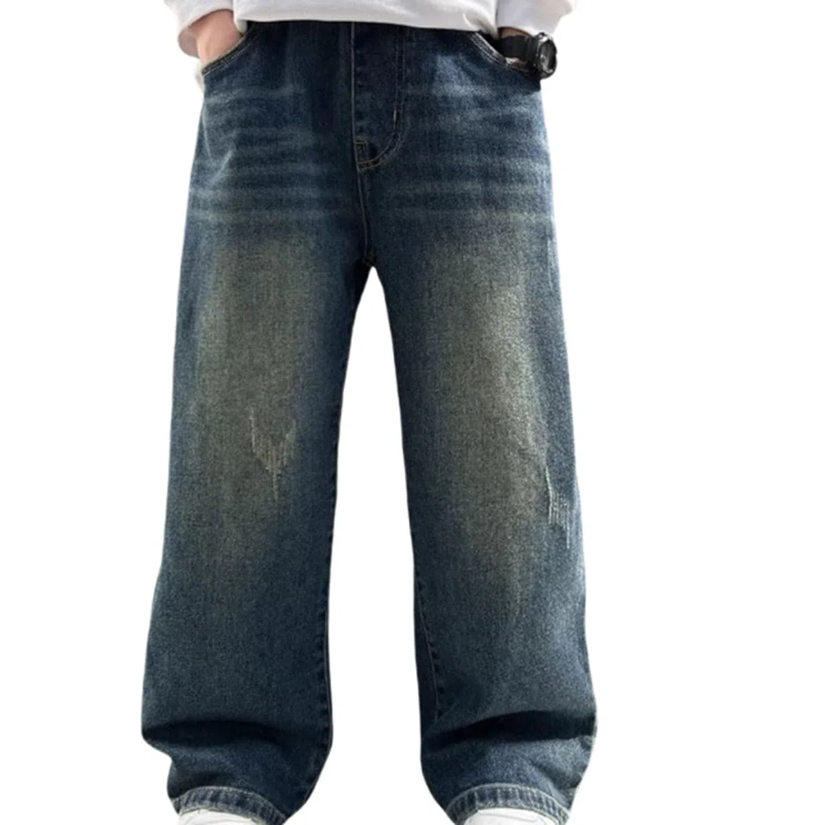 Generisch Jungen Jeanshose, Jungen Straight Leg Jeanshose Denim Hosen mit Elastischem Streetwear mit Taschen Cargohose Baggy Jeans Jungs 158 Denim Hose Streetwear Kette FüR Hose Jungs