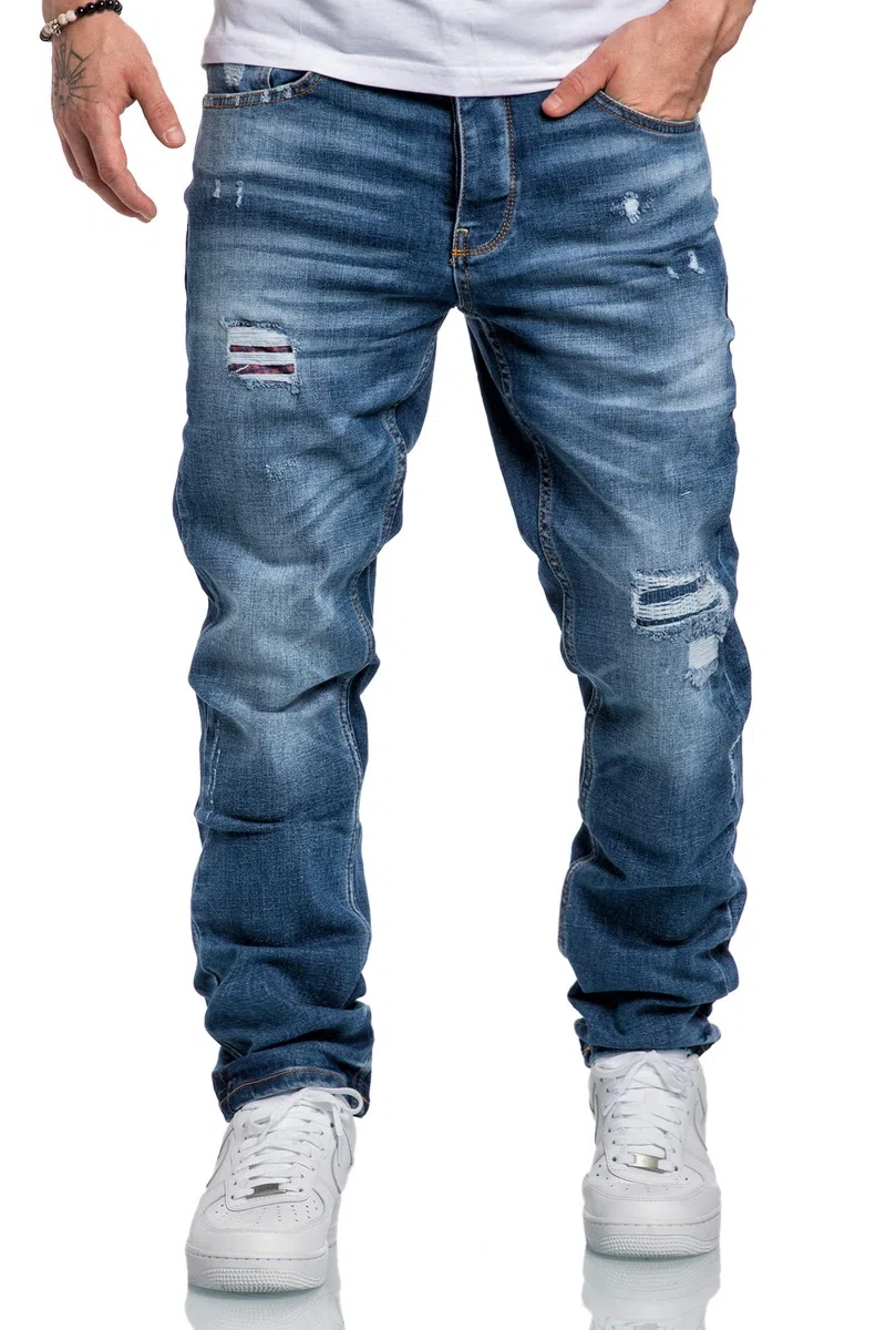 Amaci&Sons Herren Jeans Regular Straight Fit Denim Hose Destroyed 7984