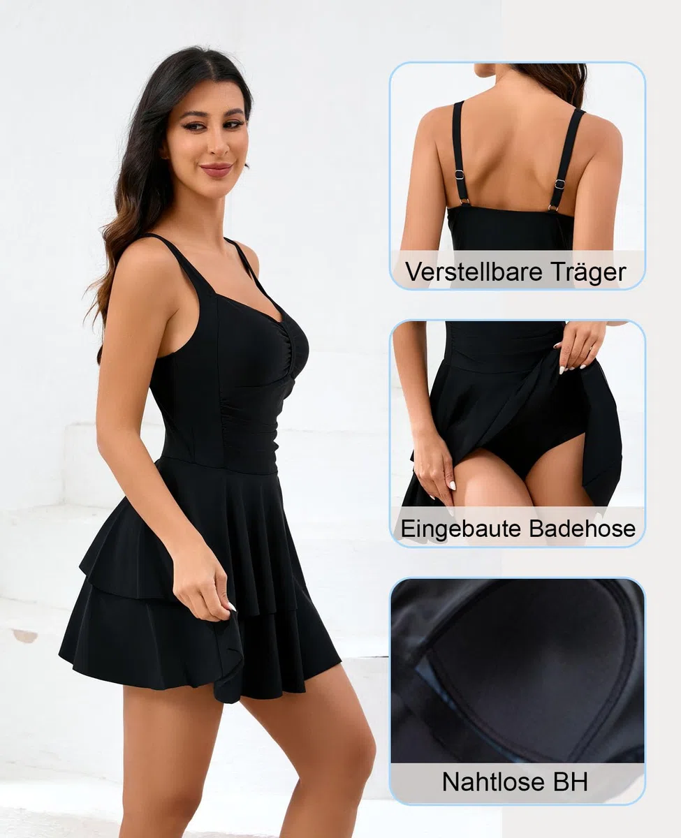 Halcurt Badeanzug Damen mit Cups Einteiliger Schwimmkleid Ruched Bauchweg Schwimmrock Badekleid S-XXL