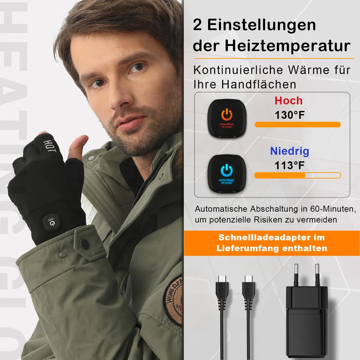 uncn Beheizte Handschuhe Fingerlos für Frauen Mann Arbeit Touchscreen Handschuhe für Winter Kaltes Wetter Wiederaufladbare Elektrik