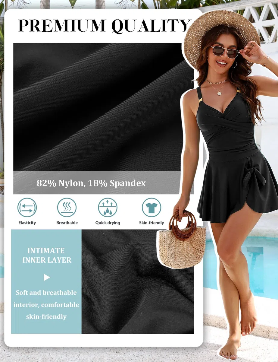 Nadeer Einteiliger Badeanzug Damen V-Ausschnitt Ruched Bauchweg Bademode Push Up Badeanzugkleid Schwimmanzug Elegant Metall Krawattenknoten Swimsuit